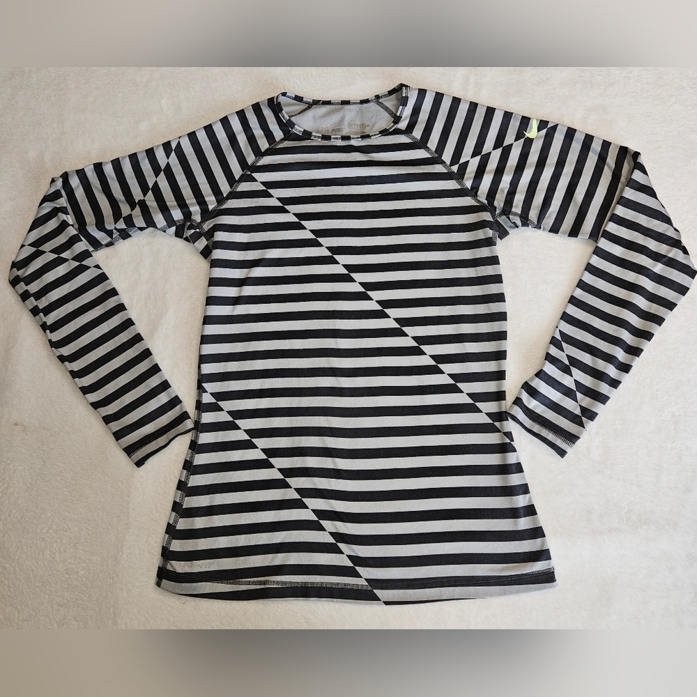 Nike Pro womens fitted medium dri-fit gray stripped long sleeve top / shirt
